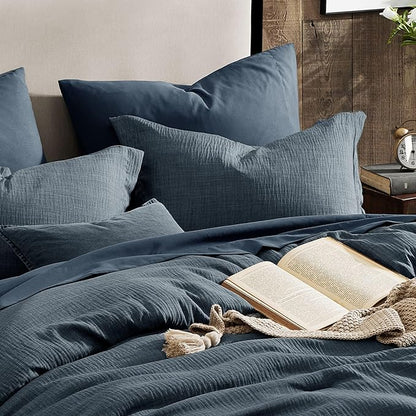 Geniospin Twin Comforter Set - 5 Pieces Comforter Twin Size, Solid Bedding Sets for All Season, Textured Bed in a Bag with Flat Sheet and Fitted Sheet, Pillowcases and Shams (Navy Blue, 66''x86'')