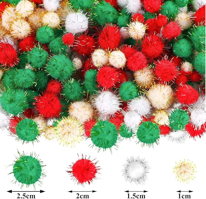 Aneco 900 Pieces Glitter Christmas Pom Poms Assorted Sizes and Colors Pompoms with Glitter Foil Christmas Crafts Fluffy Balls for Holidays DIY Art Crafts Supplies