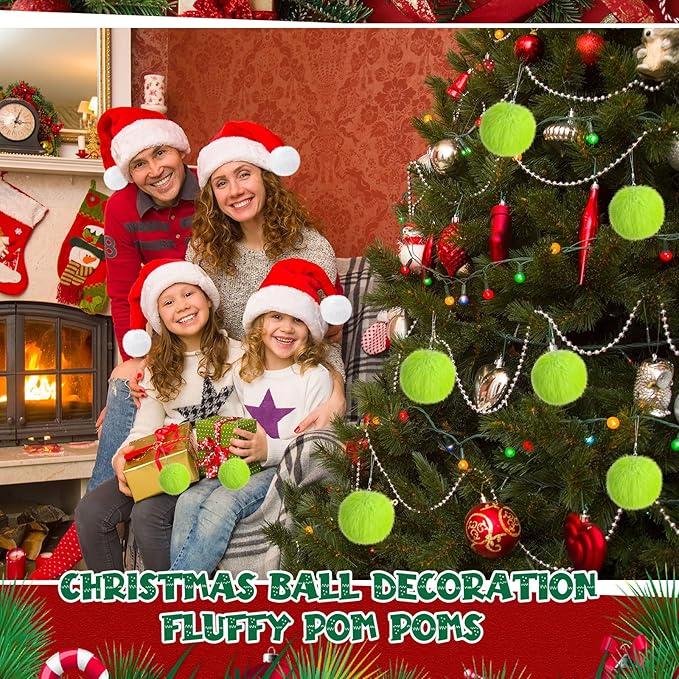 Nuenen 72 Pcs 3.15 Inch Lime Green Furry Christmas Ball Ornaments Christmas Pom Poms Ornaments Faux Rabbit Fur Balls Bulk with Elastic Band for Xmas Tree Decorations DIY Craft Hat Keychain (Green)