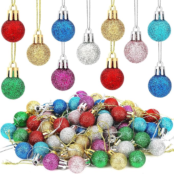 Jansun 60PCS Christmas Mini Balls Ornaments Miniature Xmas Tree Hanging Decorations Small Vintage Multicolour Glitter Balls for Holiday Party Outdoor Indoor DIY Craft Decor Supplies