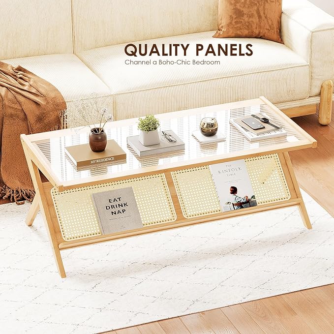 Bamworld Rattan Coffee Table Mid-Century Modern Coffee Table BambooTable with Glass Top for Living Room Office