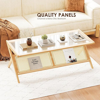 Bamworld Rattan Coffee Table Mid-Century Modern Coffee Table BambooTable with Glass Top for Living Room Office