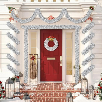 50 Feet Silver Christmas Tinsel Garland for Christmas Tree Decorations, Xmas Metallic Twist Shiny Hanging Garland Decor for Mantle Stairs Fireplace Home Holiday Indoor Outdoor