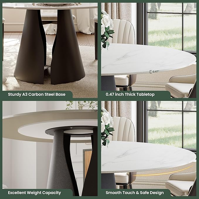 POVISON Round Dining Table for 4, Modern Dining Table 51'', Glossy White Sintered Stone Dining Tabletop with Solid Black Carbon Steel Base, Circle Kitchen Table for Dining Room (Table Only)