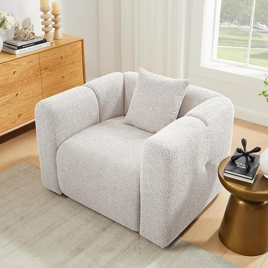 VANOMi 42" Width Accent Chair for Living Room, Modern Lounge Chair with Pillow, Comfy Upholstered Boucle Single Sofa Chair for Living Room (Light Khaki)