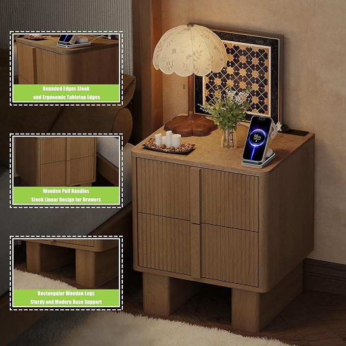 Fluted Night Stand with Charging Station, 22" Tall END Table with 2 Large Storage Drawers and 2 Widened Reinforced Legs, Modern Bedside Table for Bedroom, Living Room, Natural Oak