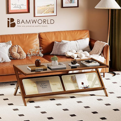 Bamworld Mid-Century Modern Coffee Table with Glass Top Rattan Center Table with Storage for Living Room Table Brown