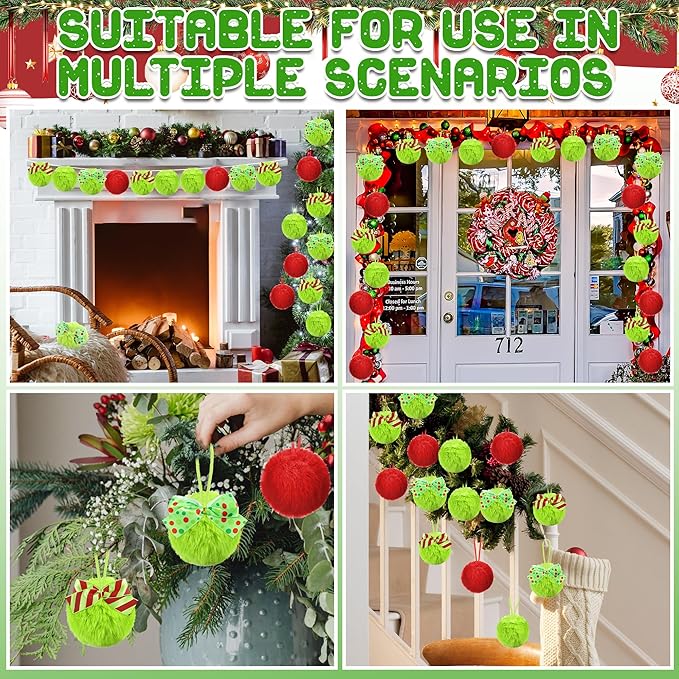 24 Pcs Red Green Furry Christmas Ball Ornaments, 3.15 Inch Large Decor Ball with Bows, Christmas Hanging Decorations Lime Green Soft Faux Fur Pom Pom Balls Decor for Xmas Tree Party Supplies