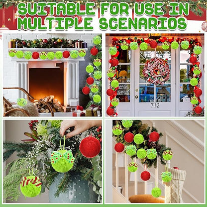 24 Pcs Red Green Furry Christmas Ball Ornaments, 3.15 Inch Large Decor Ball with Bows, Christmas Hanging Decorations Lime Green Soft Faux Fur Pom Pom Balls Decor for Xmas Tree Party Supplies