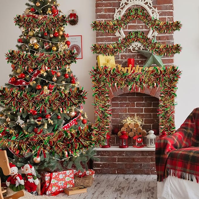 50FT Tinsel Christmas Garland Metallic Twist Garland Shiny Hanging Tinsel for Christmas Tree Party Supplies Indoor Outdoor Home Xmas Decoration (Gold Red Green)