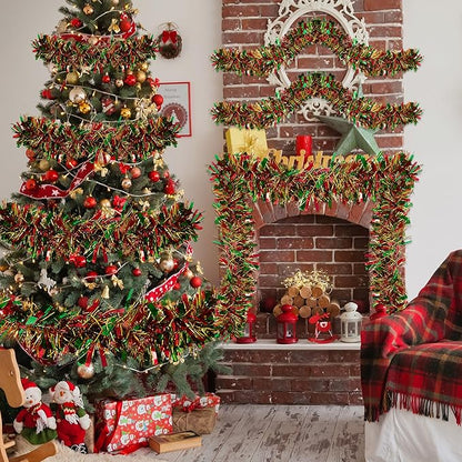 50FT Tinsel Christmas Garland Metallic Twist Garland Shiny Hanging Tinsel for Christmas Tree Party Supplies Indoor Outdoor Home Xmas Decoration (Gold Red Green)
