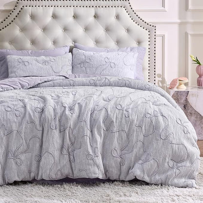 Bedsure Full Size Comforter Set, Light Purple Boho Tufted Bed Set, 3D Puffy Jacquard Bedding Full Size, 3 Pieces, 1 Farmhouse Shabby Chic Embroidery Comforter with Bow Pattern & 2 Pillow Cases