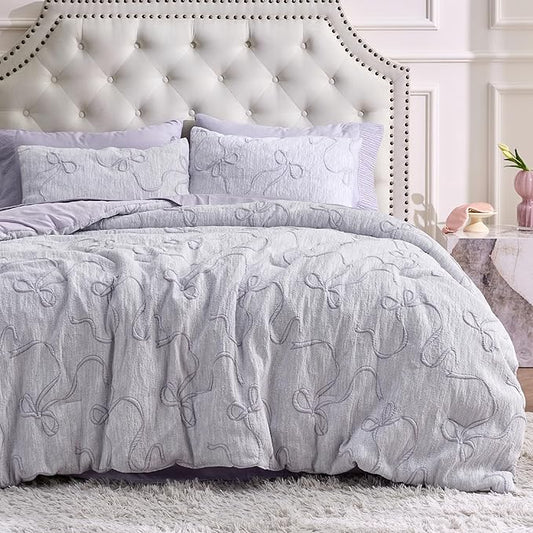 Bedsure Full Size Comforter Set, Light Purple Boho Tufted Bed Set, 3D Puffy Jacquard Bedding Full Size, 3 Pieces, 1 Farmhouse Shabby Chic Embroidery Comforter with Bow Pattern & 2 Pillow Cases