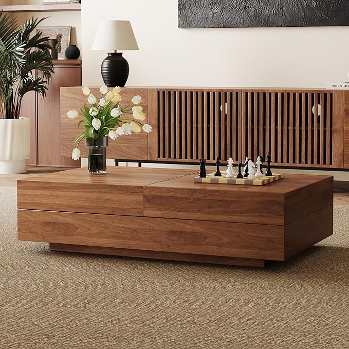 Mid-Century Expandable Coffee Table with Storage – 47.2"-81.9" Adjustable Center Table for Living Room, Walnut Wood Finish