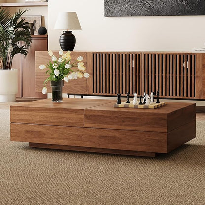 Mid-Century Expandable Coffee Table with Storage – 47.2"-81.9" Adjustable Center Table for Living Room, Walnut Wood Finish
