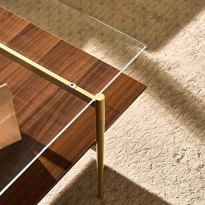 AGV LIGHTING Tadio Large Glass Coffee Table, Mid-Century Modern Coffee Table for Living Room, Gold Finish Leg, Clear Glass Top & Walnut Brown Shelf, 47 in