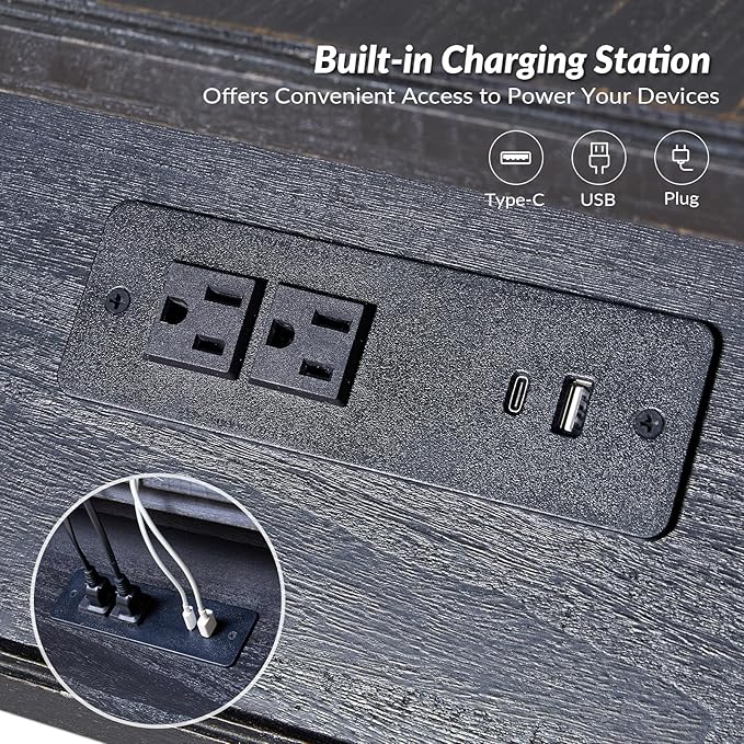 HULALA HOME Spindle Nightstands with Charging Station, Solid Wood Nightstand with Drawer Shelf, Side Table with Pull-Out Shelf (Charcoal)