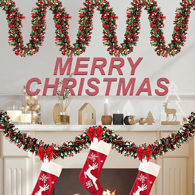 50 Feet Christmas Tinsel Garland for Christmas Tree Decorations, Red Green Metallic Twist Shiny Hanging Xmas Garlands for Stairs Mantle Fireplace Home Indoor Outdoor Holiday Party Suppliers Decor