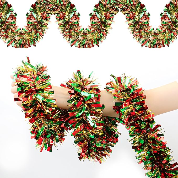 50 FT Christmas Tinsel Garland Christmas Decorations for Xmas Tree Decor Metallic Twist Shiny Hanging Garlands for Tree Mantel Stairs Fireplace Home Indoor Holiday Party Supplies (Red Green Gold)