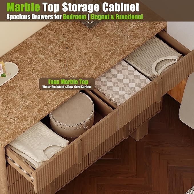 Fluted Dresser for Bedroom with 6 Drawers,47" Wide Modern Chest of Drawers with Wooden Handle, Wooden Dresser TV Stand, Wood Closet Clothes Storage Organizer for Living Room, Hallway, Natural Oak