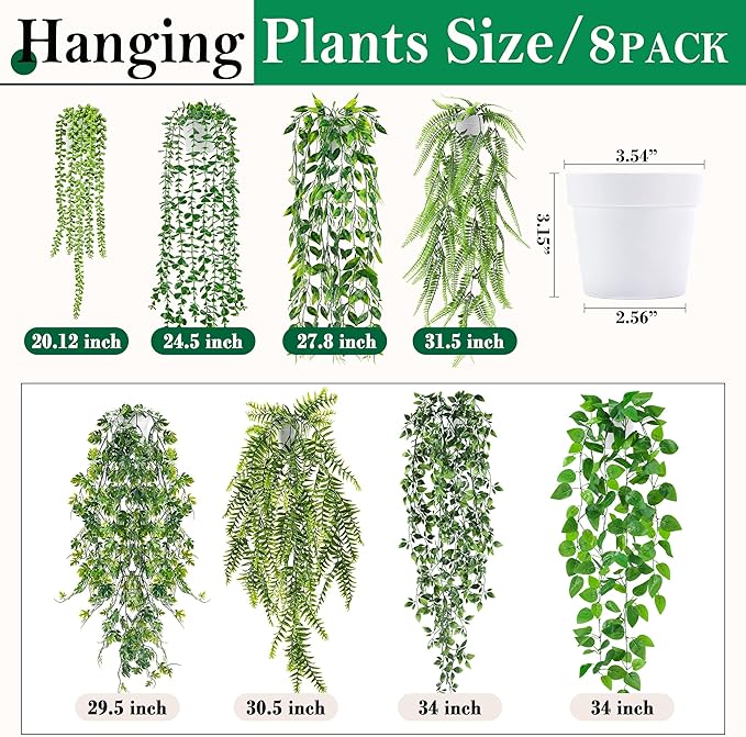 Der Rose 8Pcs Fake Plants Hanging Artificial Ivy Vine Faux Eucalyptus Hanging Plants for Home Boho Wall Shelf Indoor Outdoor Decor (White Pots)