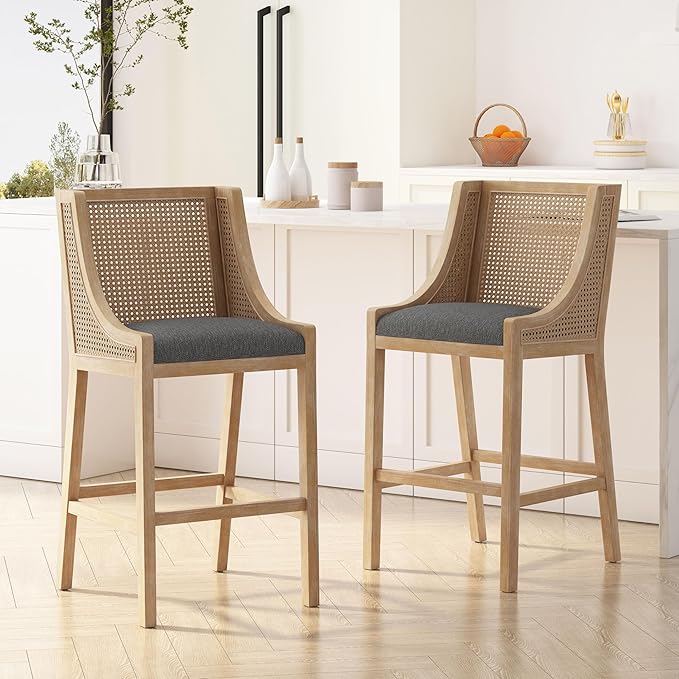 Merax 30" Fabric Upholstered Wood and Cane Barstools with Backrest,Set of 2,French Country Counter Stools Chair