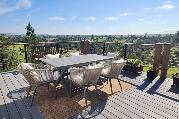 PURPLE LEAF 7 Pieces Patio Dining Table Set Wicker Outdoor Furniture Rectangular Table and Chairs Set for Garden Deck Aluminum Frame Backyard Kitchen Set, Cushions and Pillows Included Taupe