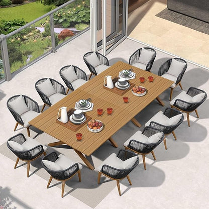 PURPLE LEAF 14 Pieces Patio Dining Table Set Wicker Outdoor Furniture Oversize Rectangular Table and Chairs Set for Garden Deck Teak-Finish Aluminum Frame Backyard Kitchen Set, Cushions and Pillows Included