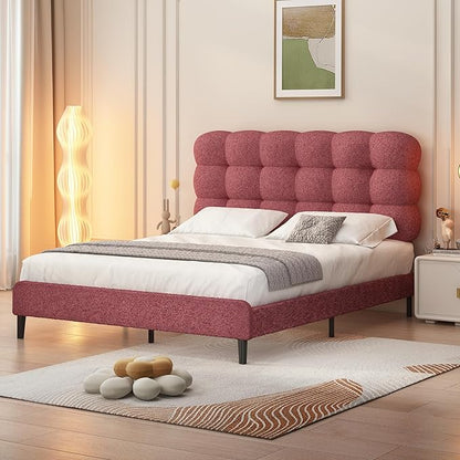 BarnFurin Full Size Bed Frame with Upholstered Headboard, Teddy Soft Boucle Fabric Platform, Bed with Strong Wooden Slats Support, Two Bed Forms Design, No Boxing Spring Needed, Easy Assembly, Rose