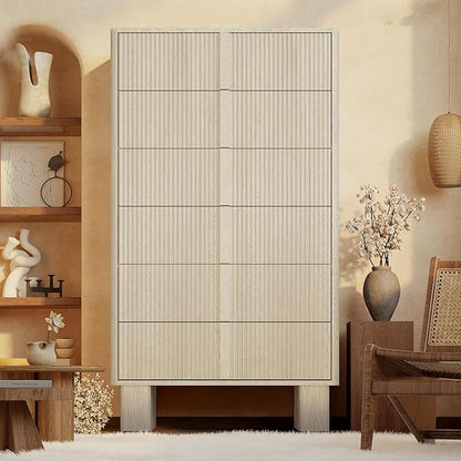 Fluted Dresser for Bedroom with 6 Drawers, 51'' H Modern Chest of Drawers with Wooden Handle, Wooden Dresser TV Stand, Wood Closet Clothes Storage Organizer for Living Room, Hallway, Whitewashed Oak
