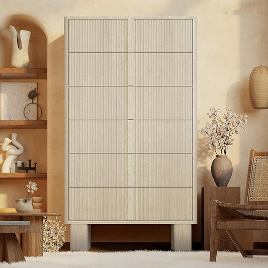 Fluted Dresser for Bedroom with 6 Drawers, 51'' H Modern Chest of Drawers with Wooden Handle, Wooden Dresser TV Stand, Wood Closet Clothes Storage Organizer for Living Room, Hallway, Whitewashed Oak