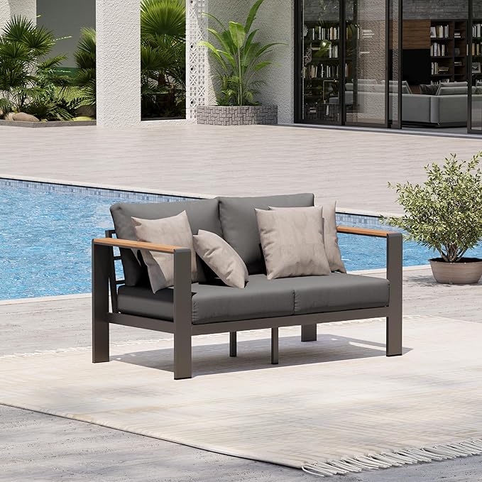 Aluminum Outdoor Patio Furniture Loveseat, All-Weather Outdoor Patio Seating with Washable Thick Cushion, Patio Outdoor Seating for Porch, Balcony, Deck, Yard, Graphite