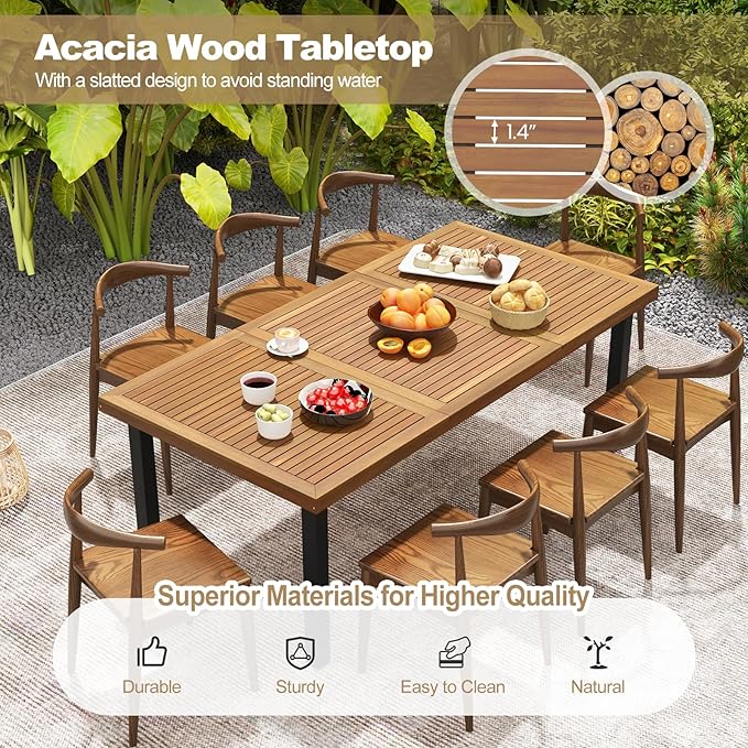 Tangkula 79 Inch Acacia Wood Dining Table, 8-Person Patio Table for Outdoors & Indoors, Rustic Rectangular Bistro Table with 1.9” Umbrella Hole, Metal Legs & Adjustable Foot Pads