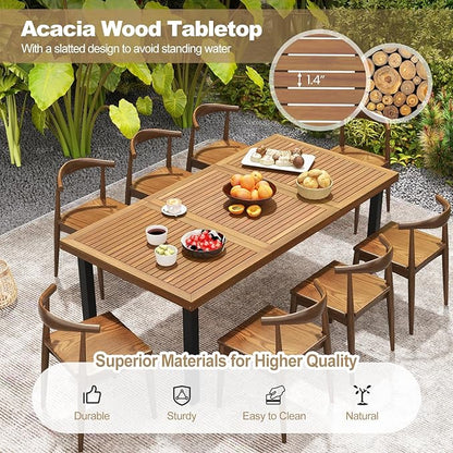 Tangkula 79 Inch Acacia Wood Dining Table, 8-Person Patio Table for Outdoors & Indoors, Rustic Rectangular Bistro Table with 1.9” Umbrella Hole, Metal Legs & Adjustable Foot Pads