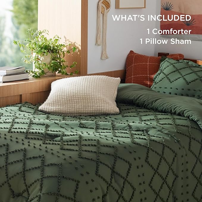 Bedsure Twin Comforter Set - Olive Green Comforter, Boho Tufted Shabby Chic Bedding for Kids, 2 Pieces Vintage Farmhouse Bed Set for All Seasons, Fluffy Soft Bedding with 1 Pillow Sham