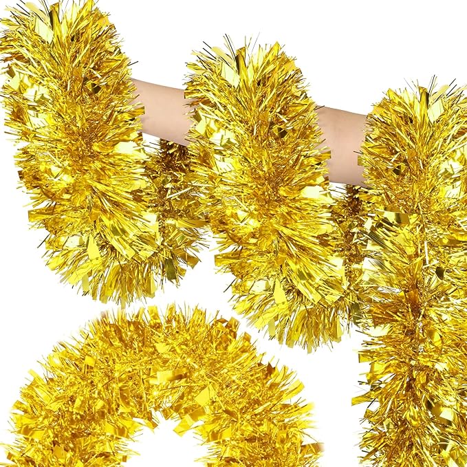 50FT Gold Christmas Tinsel Garland, Metallic Twist Shiny Hanging Garland Ornaments for Xmas Tree Party Supplies Thick Thin Metallic Streamers for Indoor Outdoor Decor
