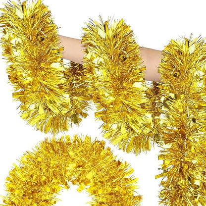 50FT Gold Christmas Tinsel Garland, Metallic Twist Shiny Hanging Garland Ornaments for Xmas Tree Party Supplies Thick Thin Metallic Streamers for Indoor Outdoor Decor