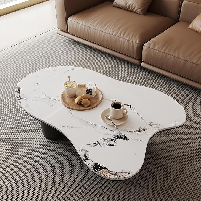 Modern Coffee Table for Living Room, 48.42" Cloud Coffee Table with White Sintered Stone Top, Large Living Room Table Unique Tea Table for Home Office