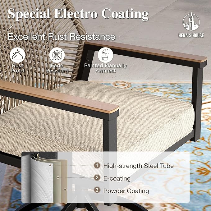 HERA'S HOUSE 7 Pieces Patio Table and Chairs Set, Outdoor Dining Set for 7, Patio Dining Set of 6 Cushioned Woven Rattan Patio Swivel Chairs and 1 Black Metal Table with Umbrella Hole for Lawn