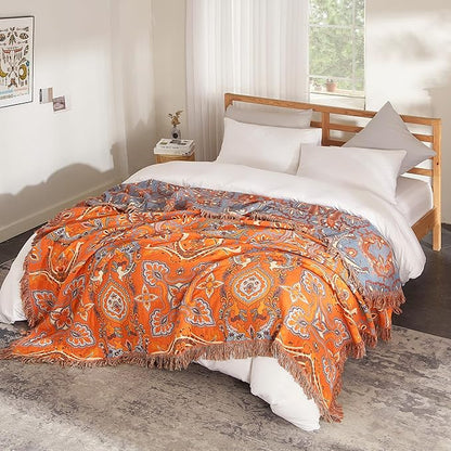 Boho Throw Blanket 100% Cotton Woven Ultra Soft 4-Layer Muslin Quilt Farmhouse Bed Blanket Cover 80"x90", Vintage Floral
