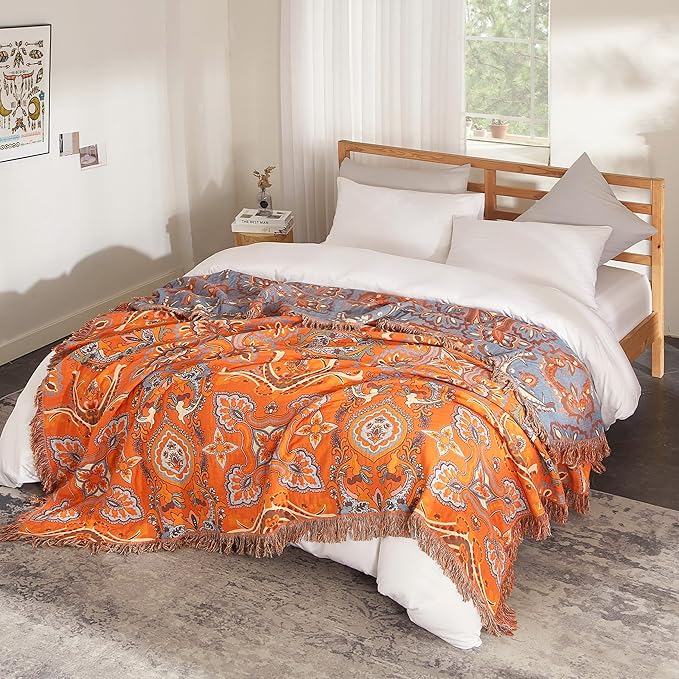 Boho Throw Blanket 100% Cotton Woven Ultra Soft 4-Layer Muslin Quilt Farmhouse Bed Blanket Cover 60"x80", Vintage Floral