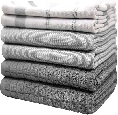 Premium Kitchen Dish Towels Set of 6 Large Cotton Hand Towels Absorbent Tea Towels, Grey Check