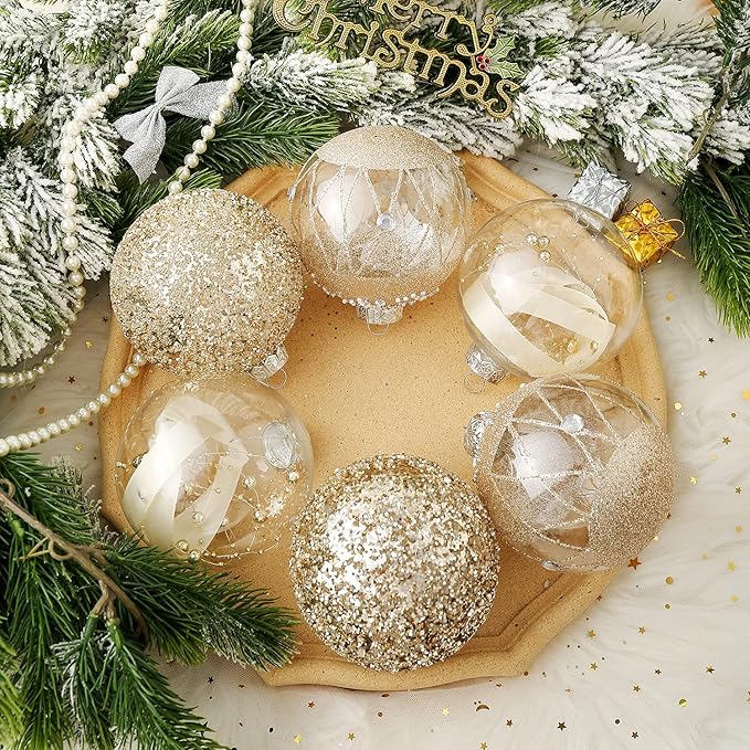 XmasExp Christmas Ball Ornaments Set, Shatterproof Christmastree Decorations,6ct Large Plastic Hanging Ornaments,100mm/4,Champagne Gold