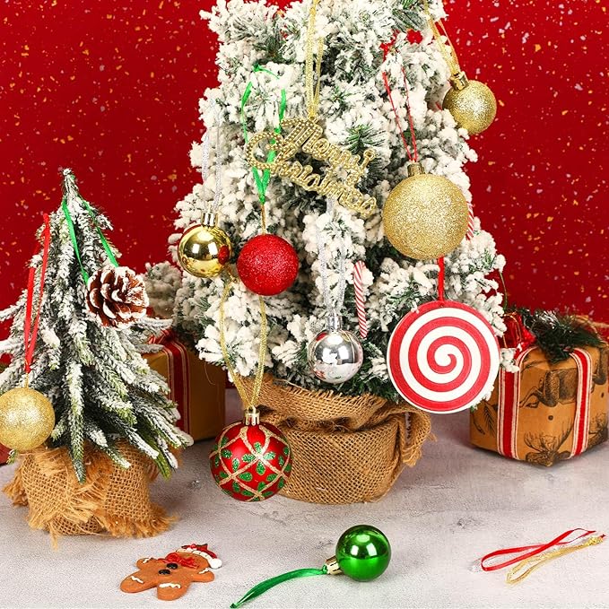 JUNEBRUSHS 300Pcs Christmas Ornament Hangers, Hand Tied String Ties Ornament Loops Thin Ribbon for Ornaments Christmas Tree Hanging Decoration (Gold Silver Red Green)