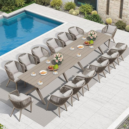 PURPLE LEAF 16 Pieces Patio Dining Table Set Wicker Outdoor Furniture Rectangular Table and Chairs Set for Garden Deck Aluminum Frame Backyard Kitchen Set, Cushions and Pillows Included Champagne