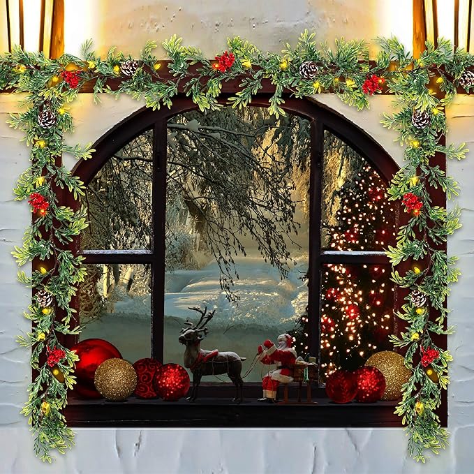 6 FT Artificial Christmas Garland, Faux Cypress Leaf Evergreen Garland with 20 LED Lights, Red Berries and Pinecones, Green-Yellow Leaves, Timer, Perfect for Indoor Outdoor Window Mantel