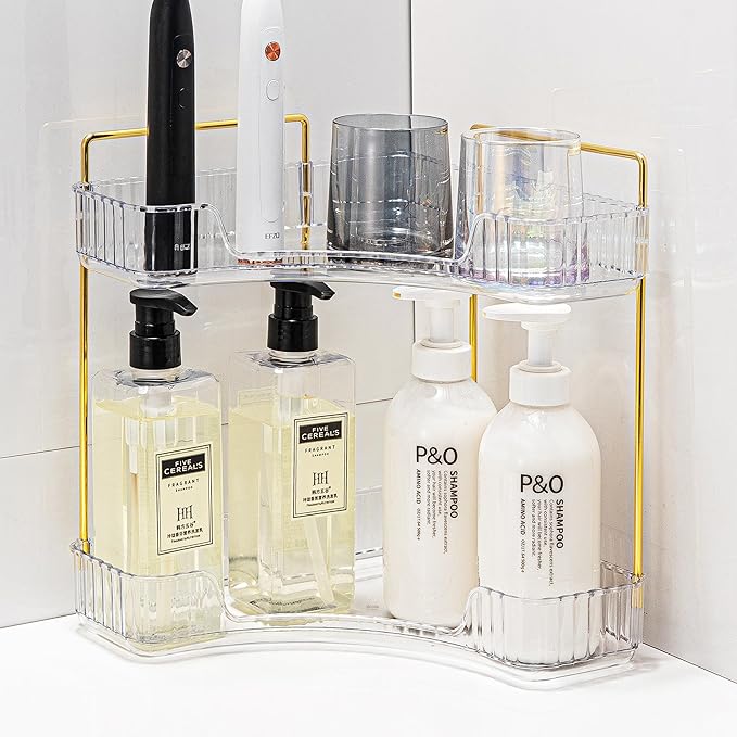 Corner Bathroom Counter Organizer Bathroom Countertop Shelf Makeup Organizer for Vanity Perfume Corner Storage (2 Tiers, White)