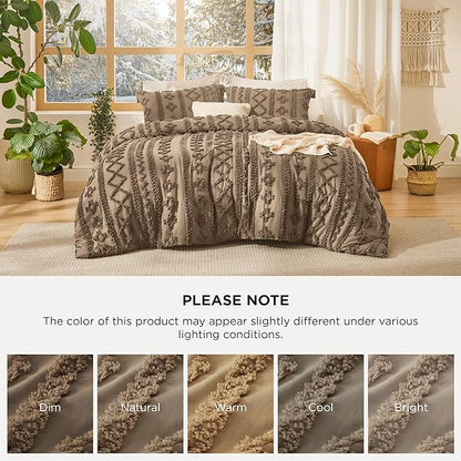Bedsure Tufted Boho Comforter Set King Size - Light Brown Boho Bed Set, GentleSoft™ 3 Pieces Farmhouse Shabby Chic Embroidery Bedding, Gifts for Woman, Jacquard King Comforter for All Seasons