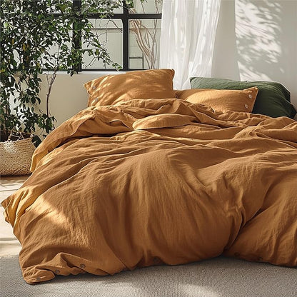 Bedsure Linen Duvet Cover King Size - Linen Cotton Blend Bedding Set, Soft & Cozy, 3 Pieces, 1 Duvet Cover 104x90 and 2 Pillowcases, Pumpkin Yellow Color Cooling Bedding, Comforter Sold Separately