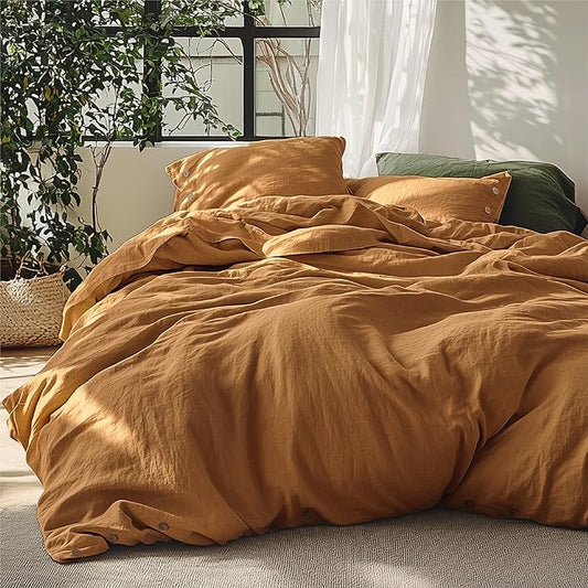 Bedsure Linen Duvet Cover Queen - Linen Cotton Blend Bedding Set, Soft & Cozy, 3 Pieces, 1 Duvet Cover 90x90 and 2 Pillowcases, Pumpkin Yellow Color Cooling Bedding, Comforter Sold Separately